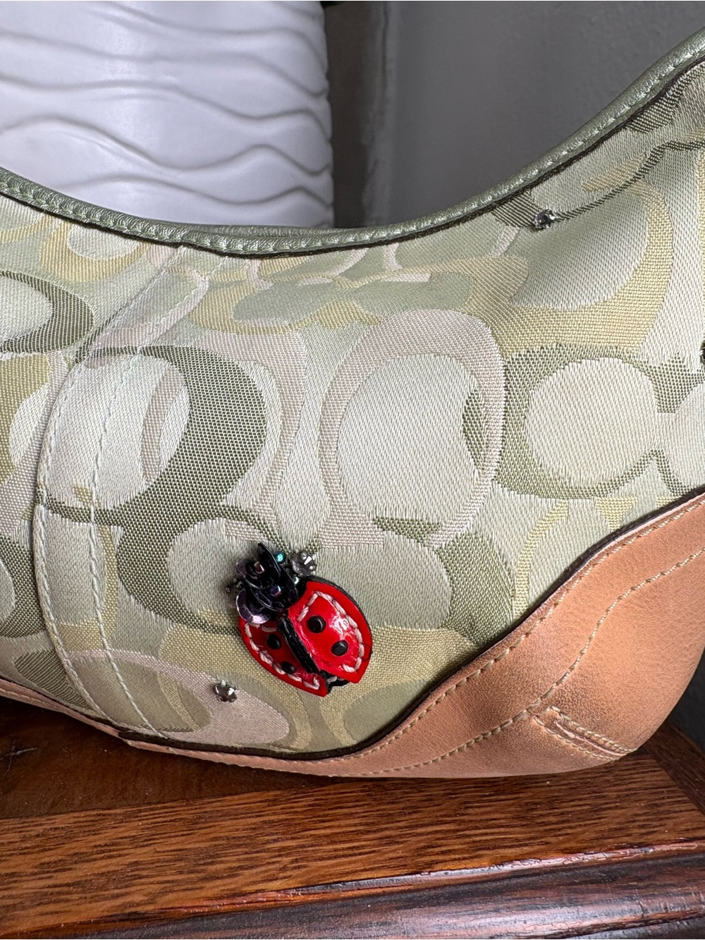 COACH Ladybug Shoulder Bag Green Canvas Leather Hobo Bag Signature 6723 - Picture 7 of 17